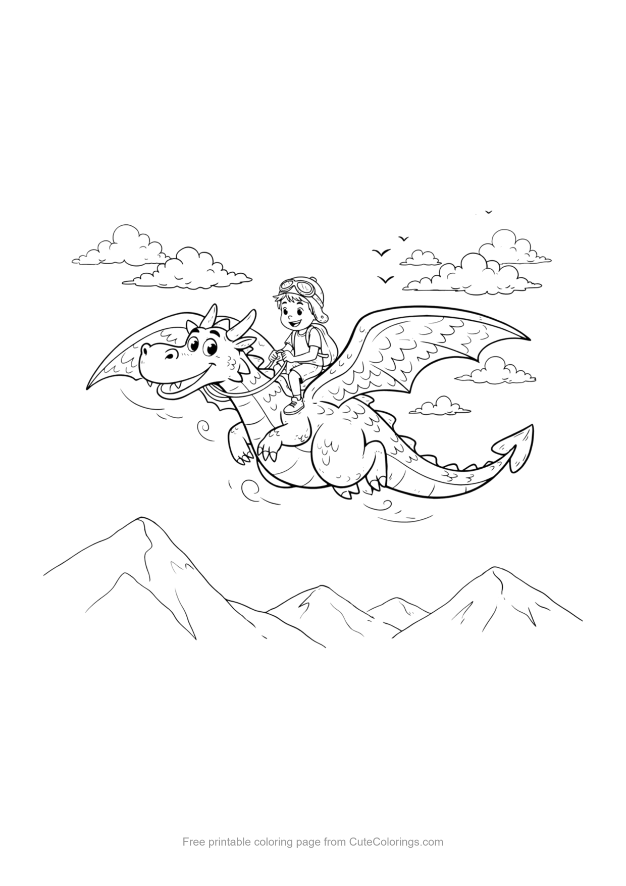 Coloring page of a kid riding a friendly dragon flying over mountains