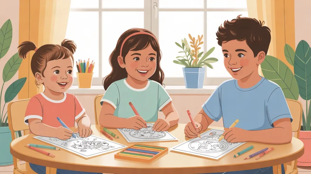 Illustration of a toddler, a girl and a teenage boy coloring printable coloring pages together at a table