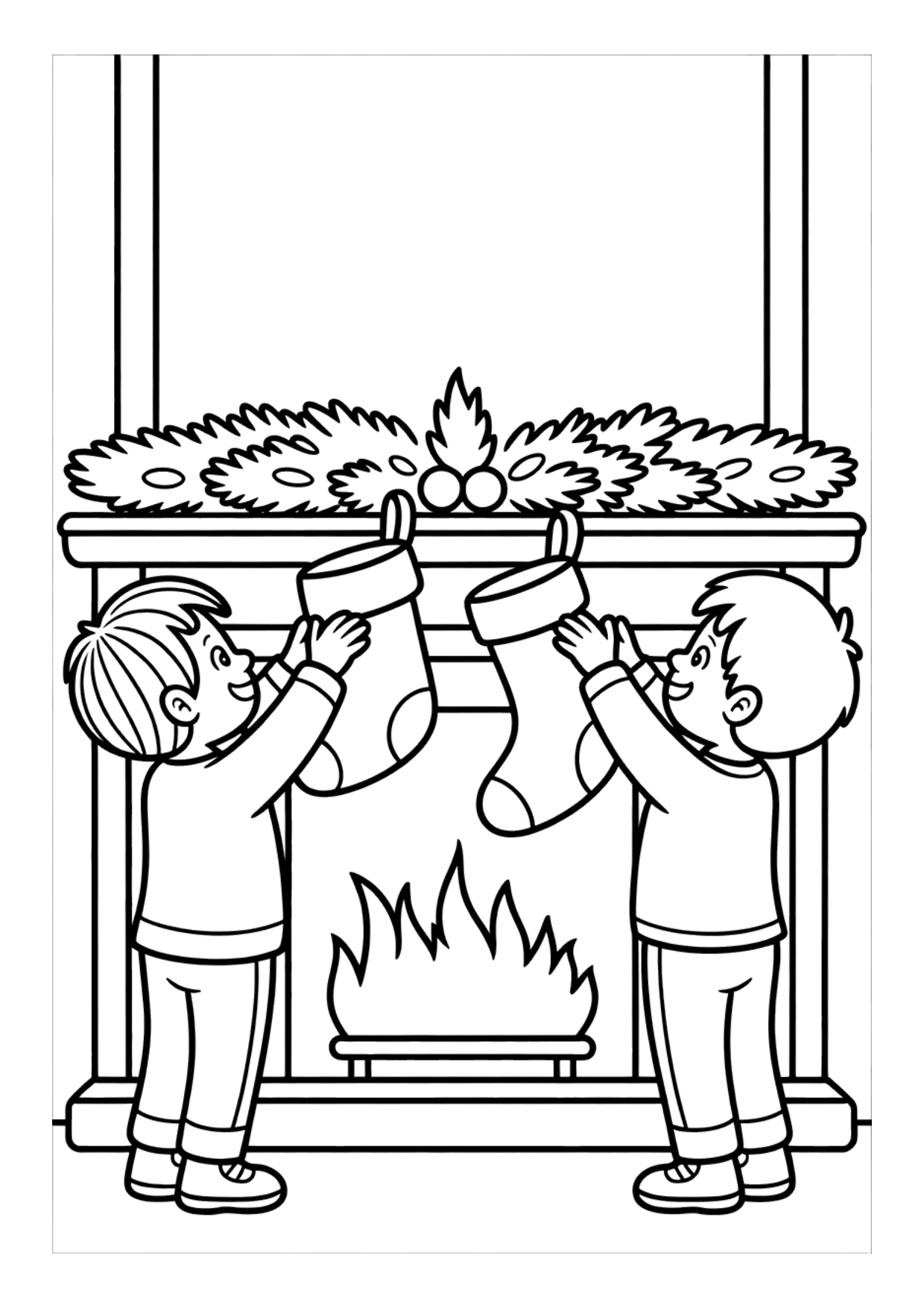 Dibujo para niños de niños colgando calcetines de Navidad para colorear