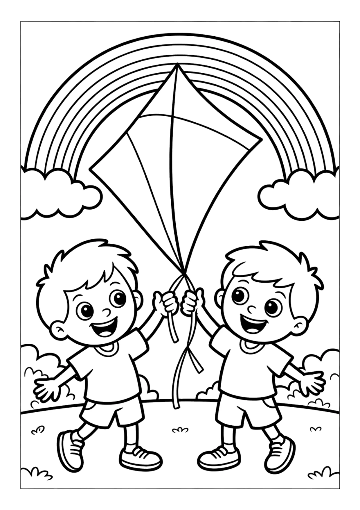 Dibujo de niños jugando bajo un arcoíris para colorear
