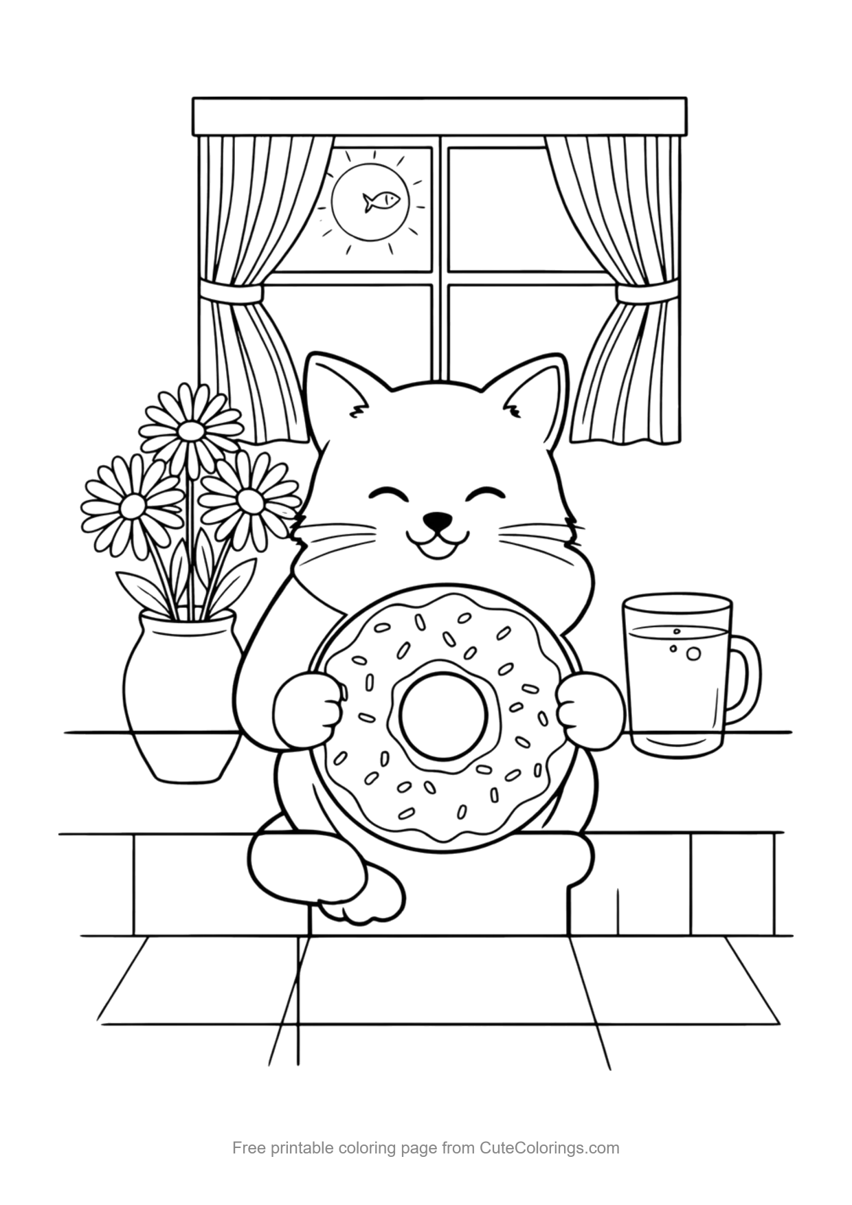 Coloring page for kids of a cute kitten hugging a giant donut at a kitchen table