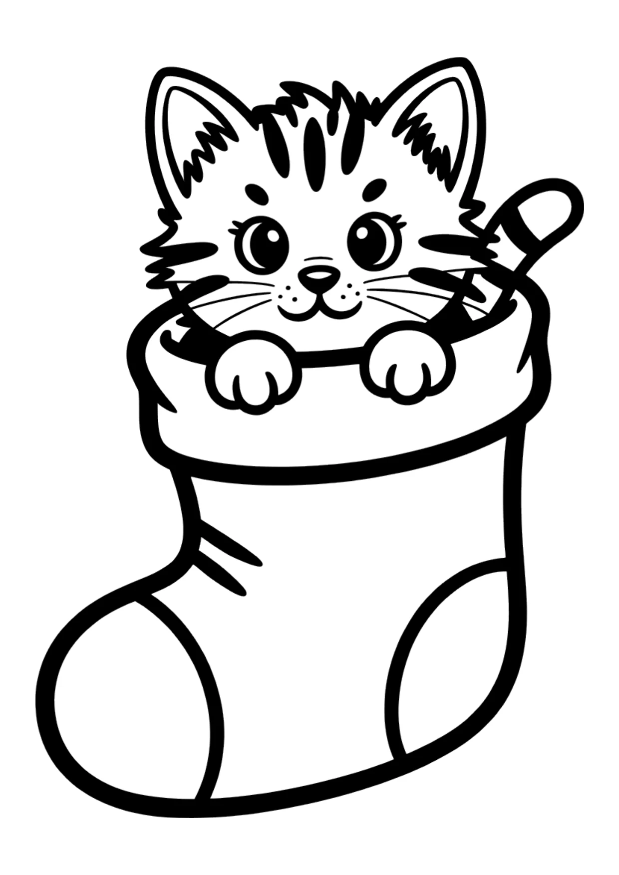 Dibujo fácil de un gatito en un calcetín de Navidad para colorear