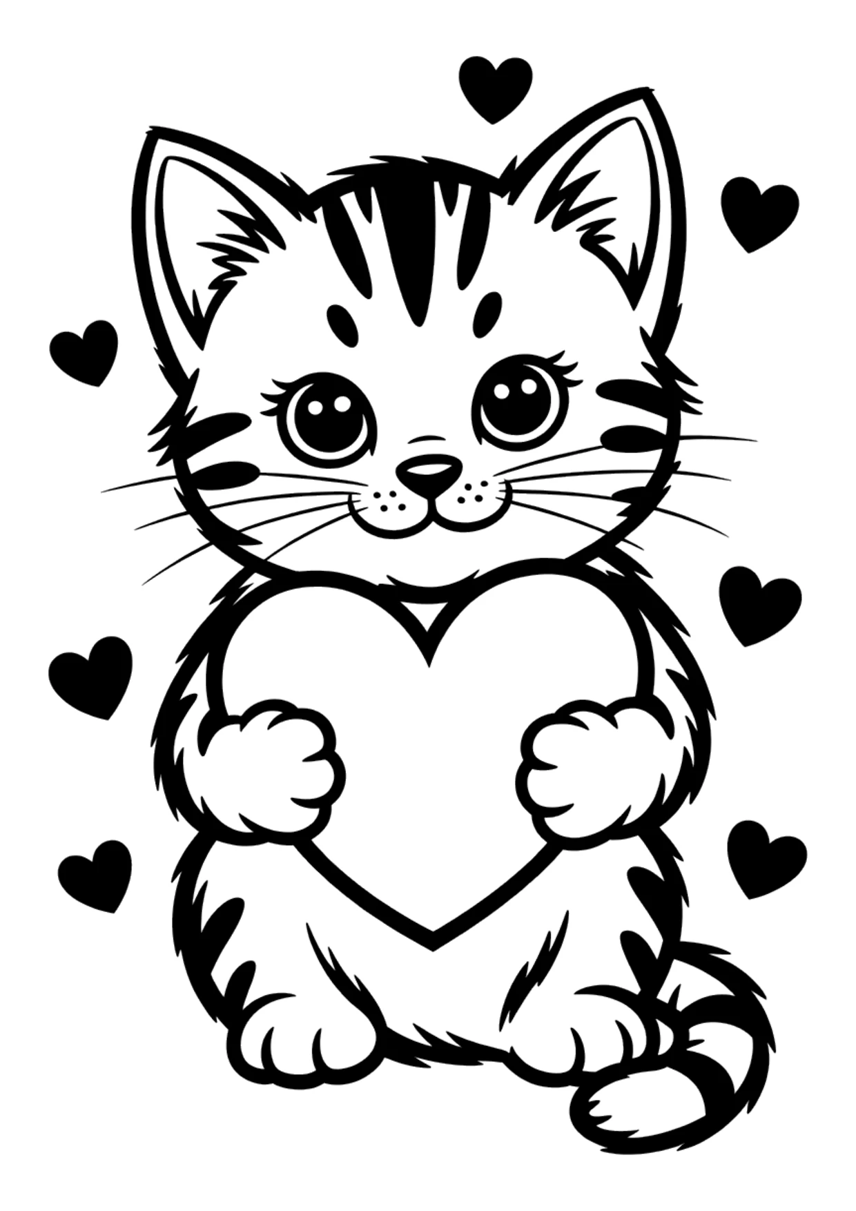 Coloriage d’un chaton qui tient un cœur