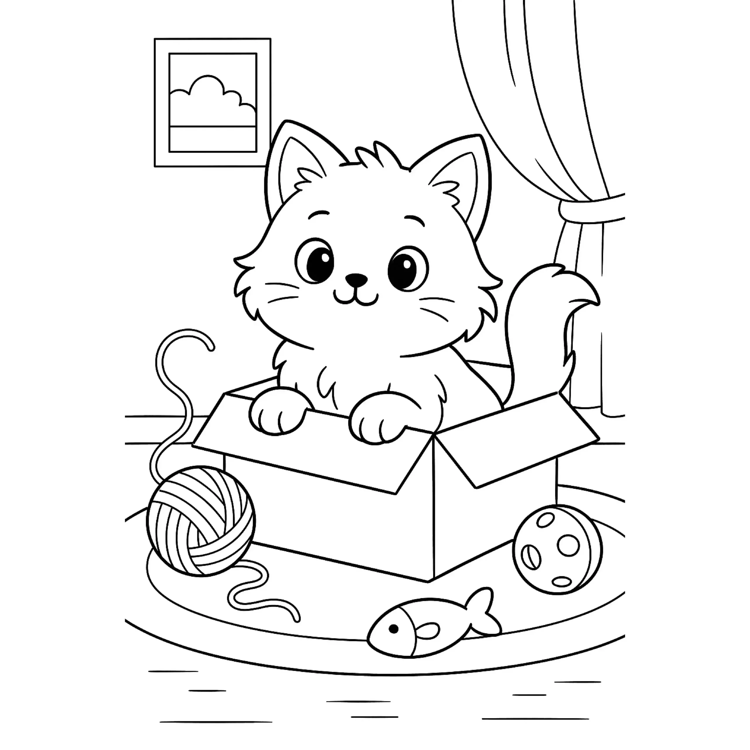Kitten in a Box coloring page