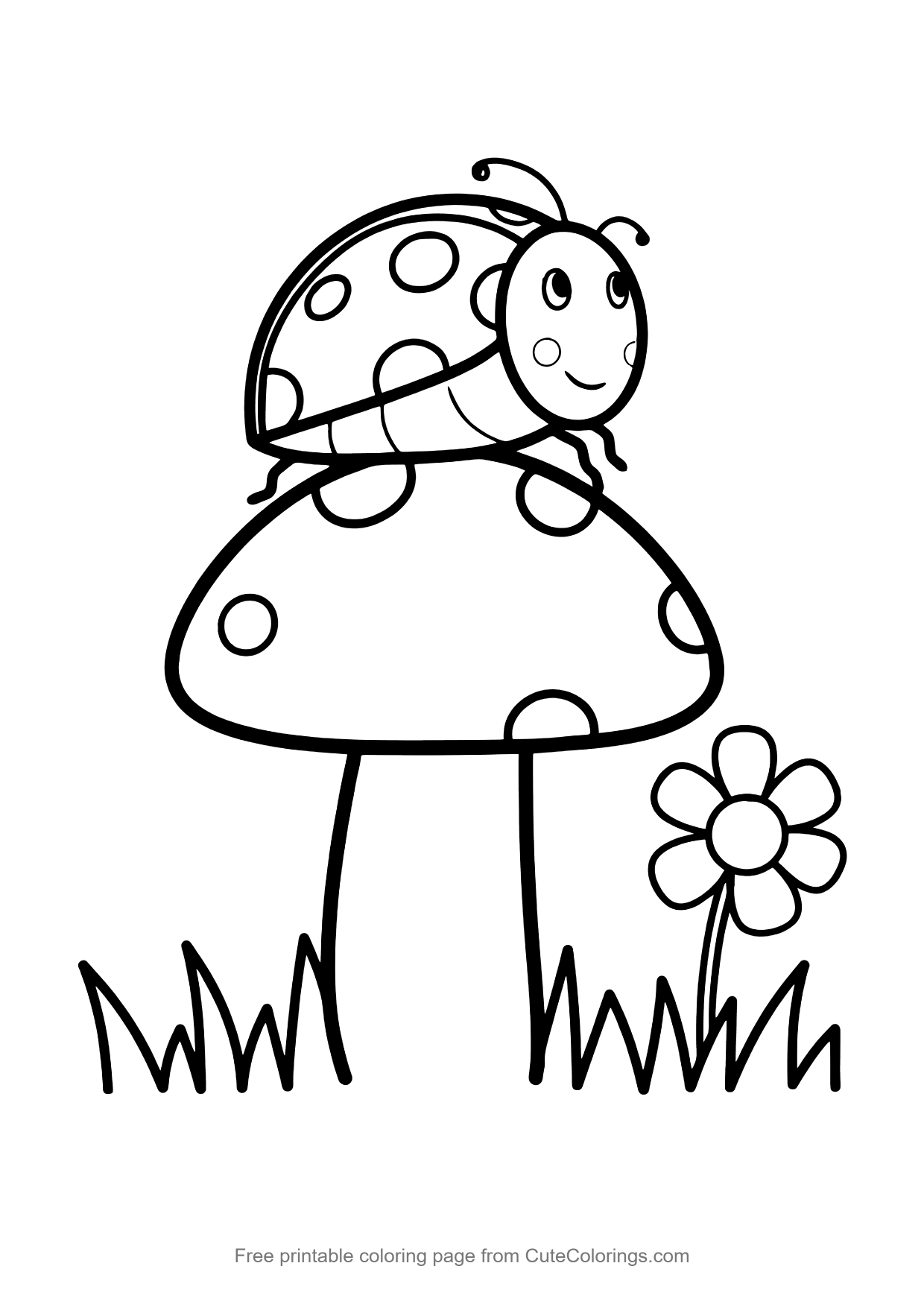 Easy coloring page of a ladybug sitting on a mushroom cap