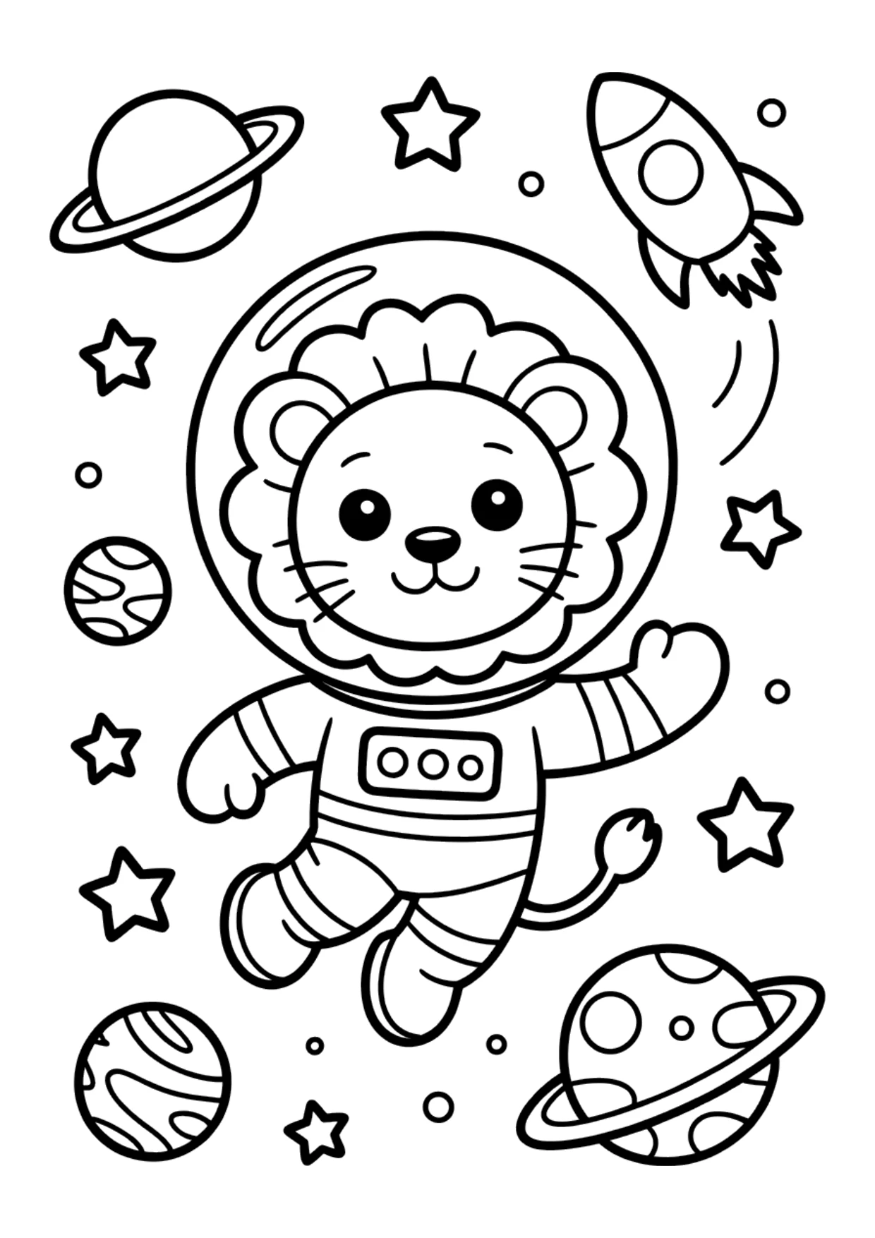 Ausmalbild für Kinder von einem Löwen-Astronauten im Weltall