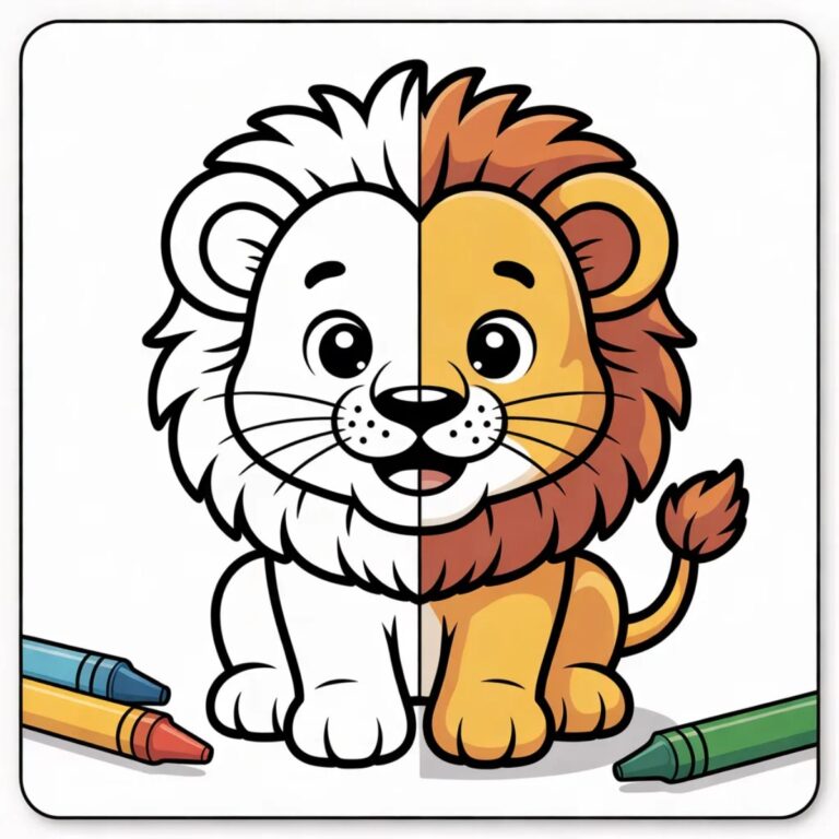 Lion coloring pages: a cute lion cub shown half as coloring page line art and half in soft colors with crayons