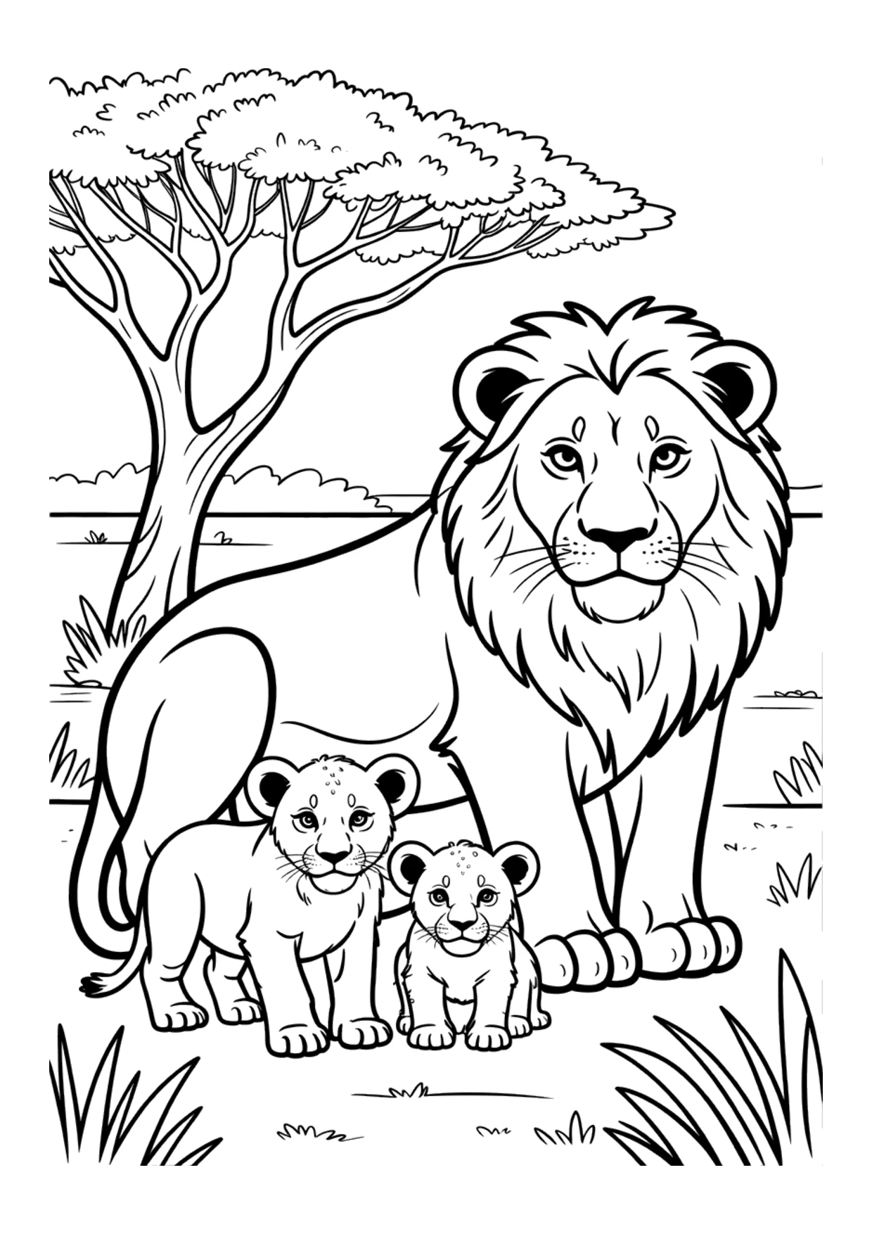 Ausmalbild für Kinder von einer Löwenfamilie in der Savanne