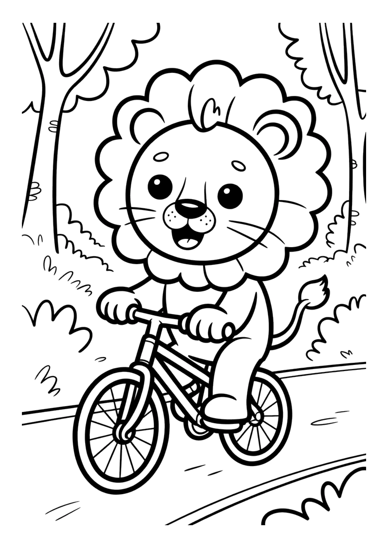 Ausmalbild für Kinder von einem Löwen auf dem Fahrrad