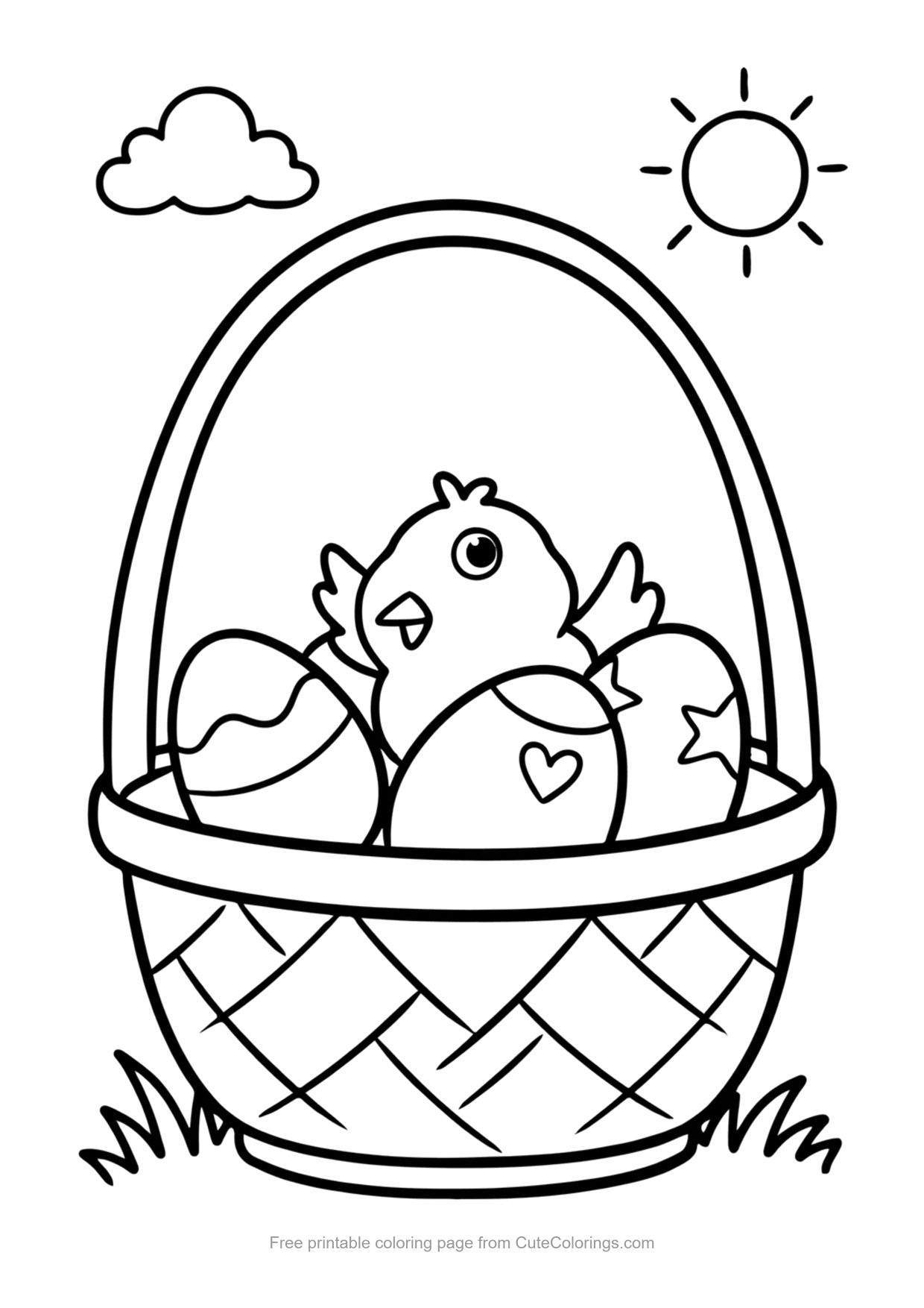 Easy coloring page of a tiny chick peeking out of a woven basket of eggs