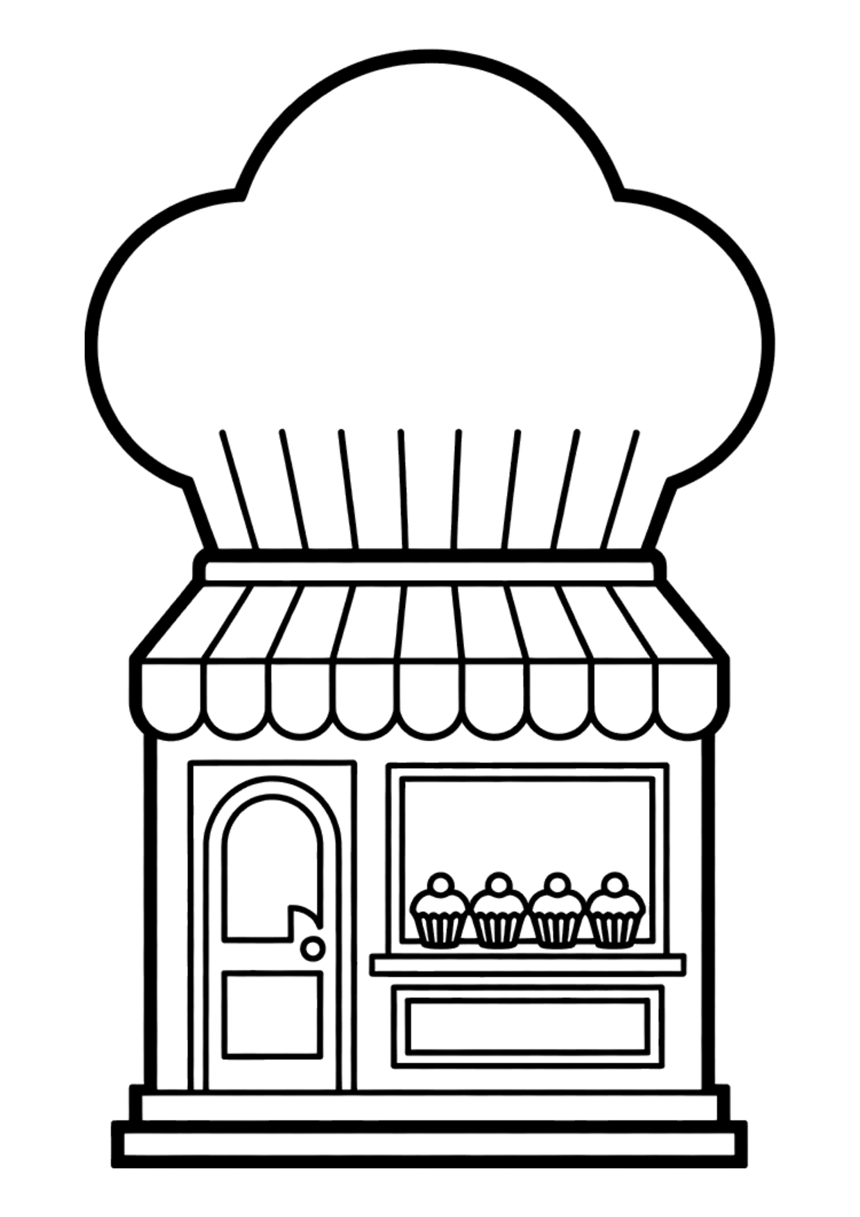 Coloring page for kids of a little bakery shop with an awning and cupcakes in the window