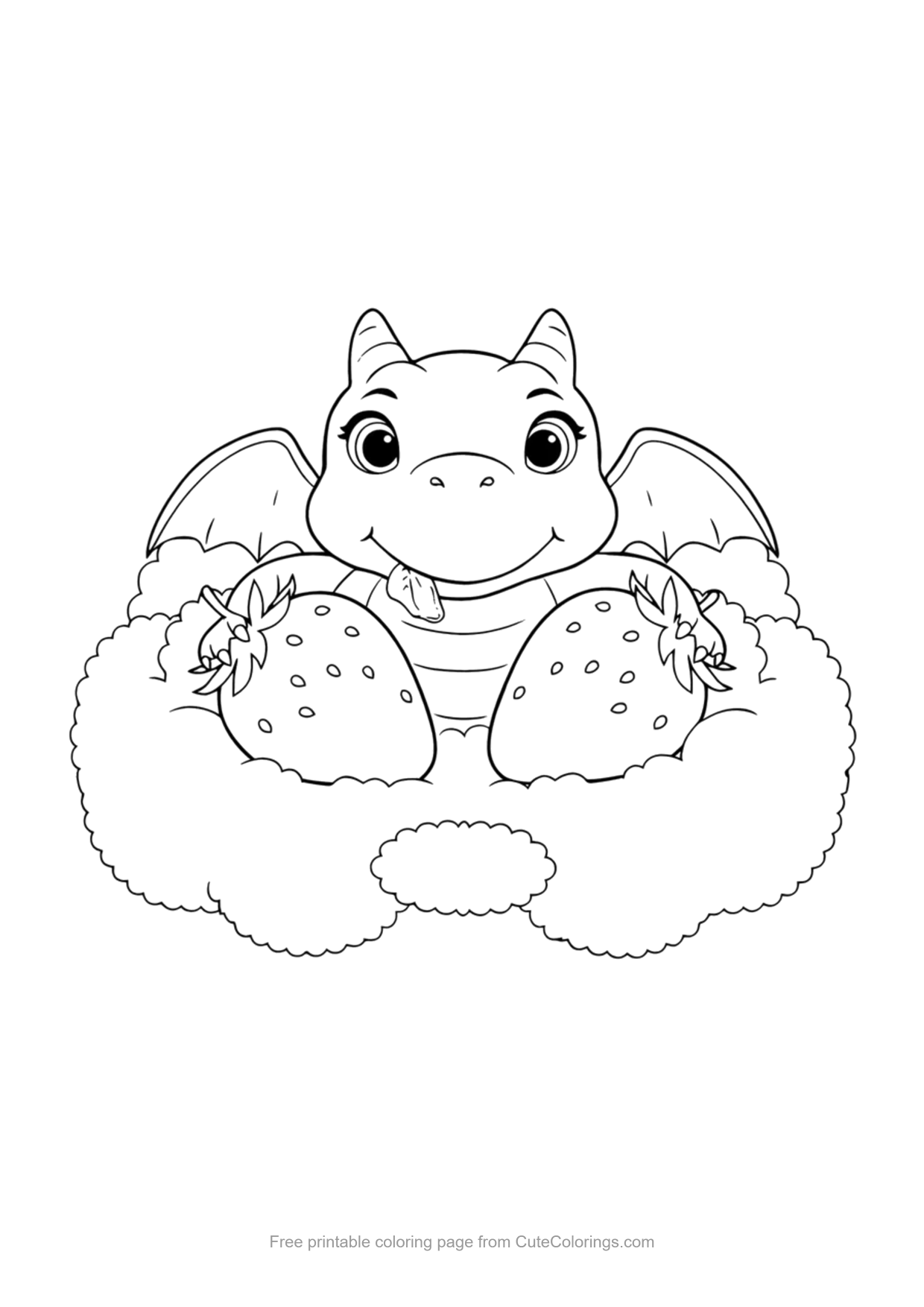 Easy coloring page of a little dragon holding strawberries on a cloud