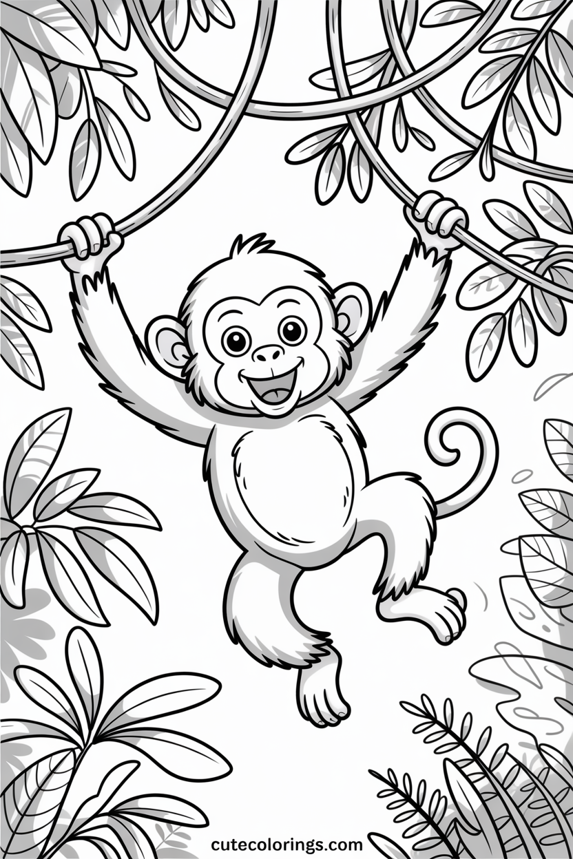 Joyful baby monkey swings between two leafy vines