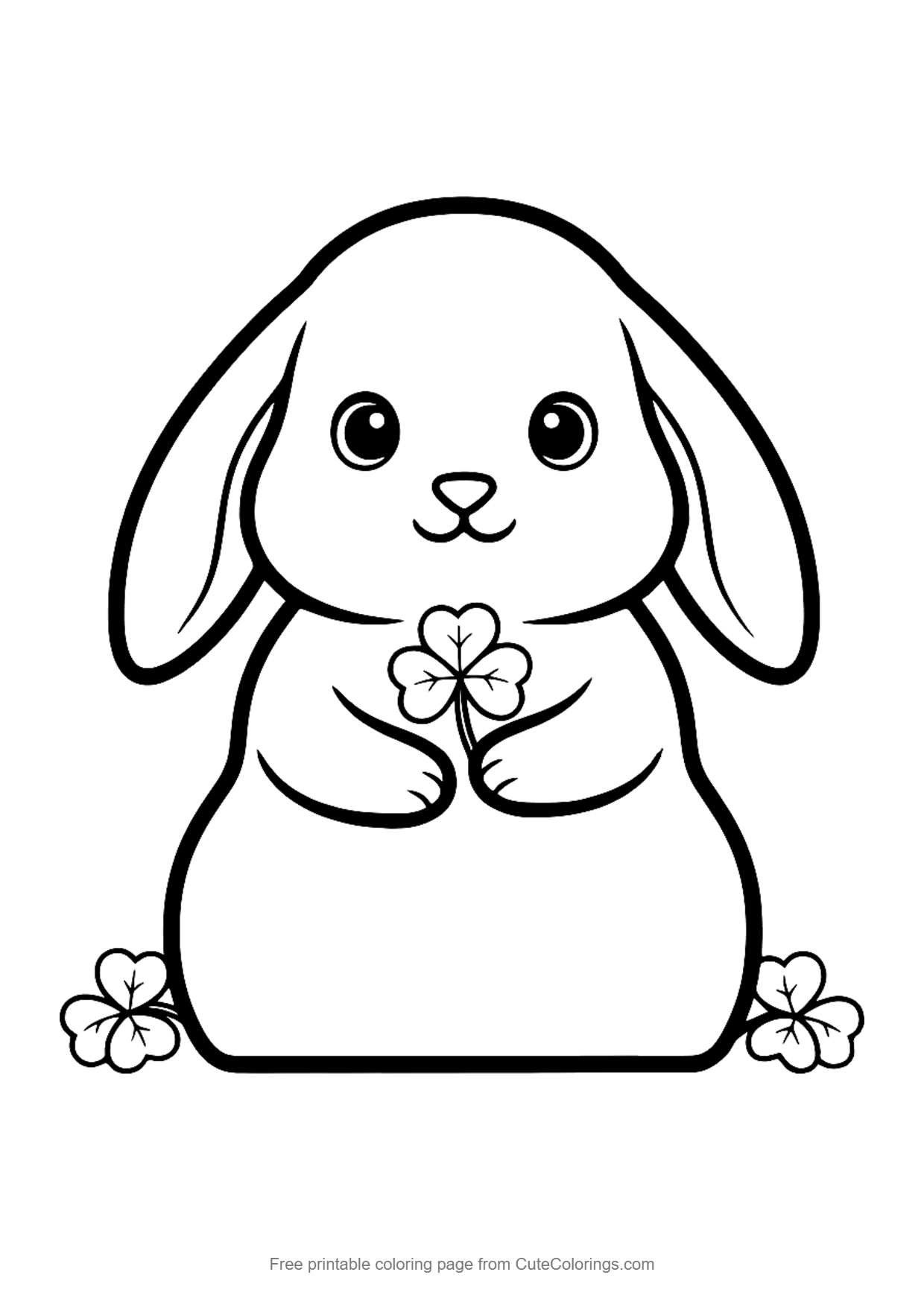 Simple coloring page of a chubby lop-eared bunny holding a clover