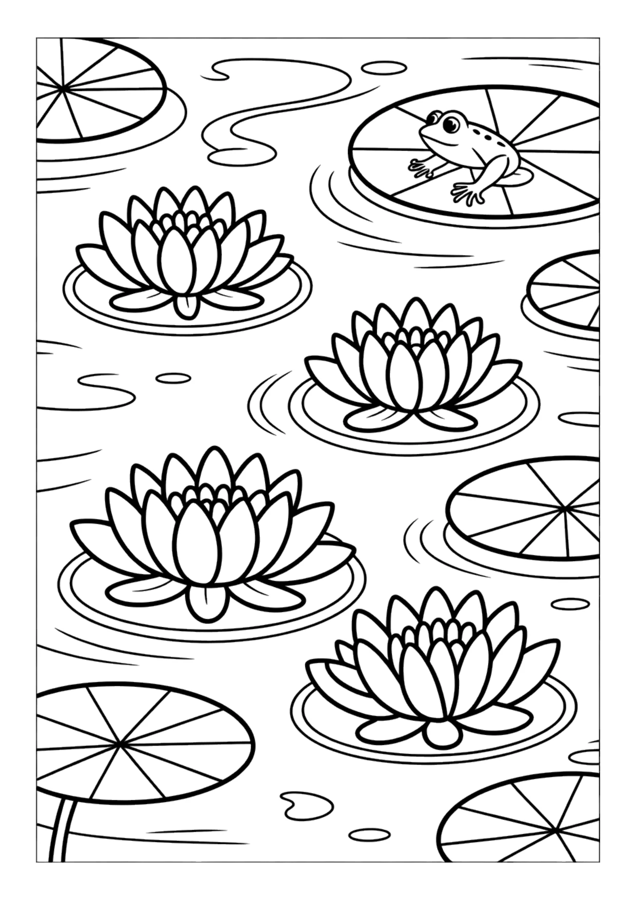 Coloriage pour enfants d&rsquo;un étang aux lotus avec des nénuphars et une grenouille