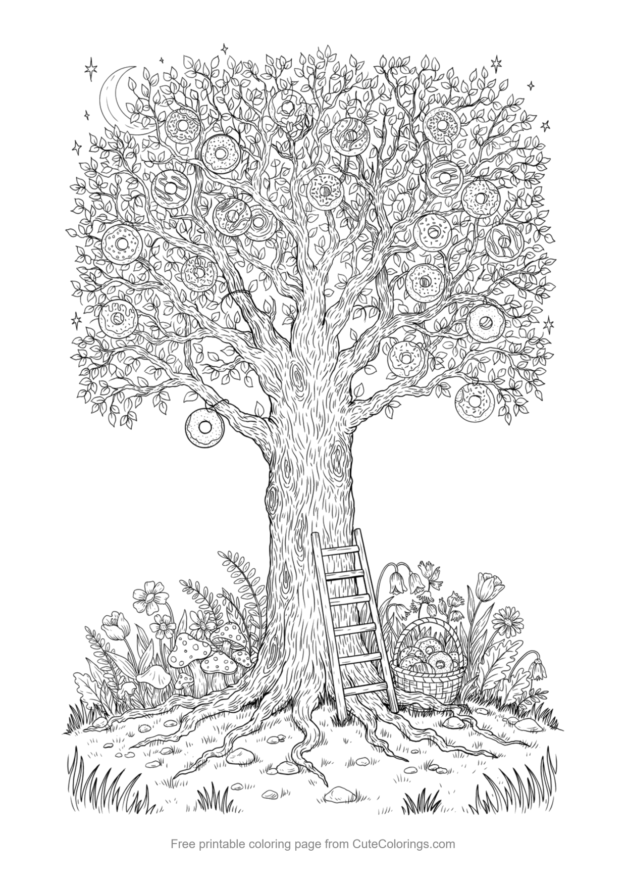 Detailed coloring page of a whimsical tree growing donuts with a ladder and basket