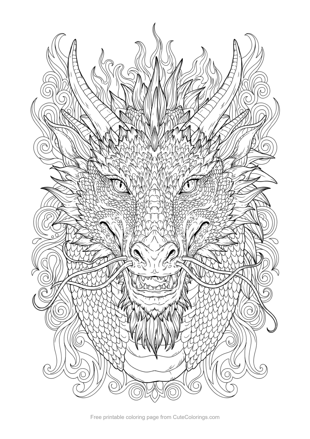 Detailed dragon head portrait coloring page with scales, horns and whiskers for adults