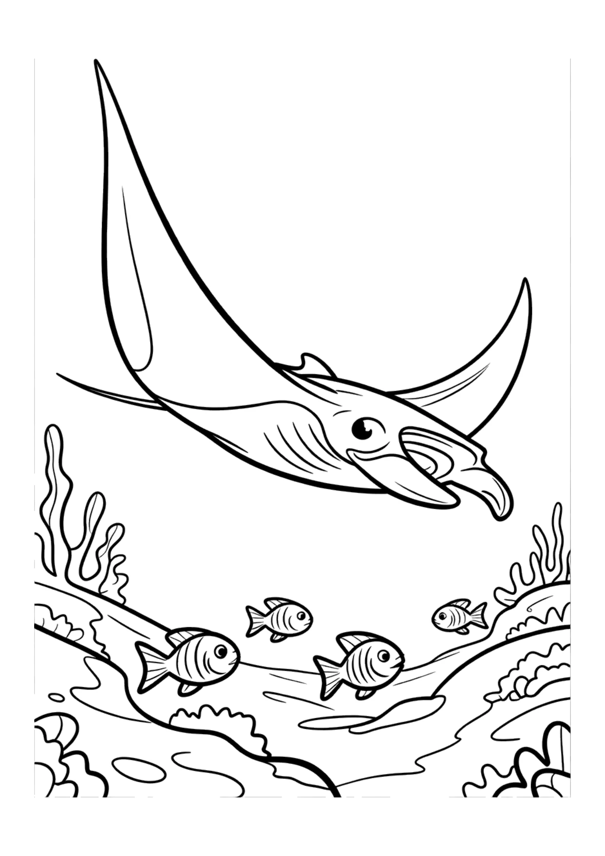 Coloring page of a manta ray gliding