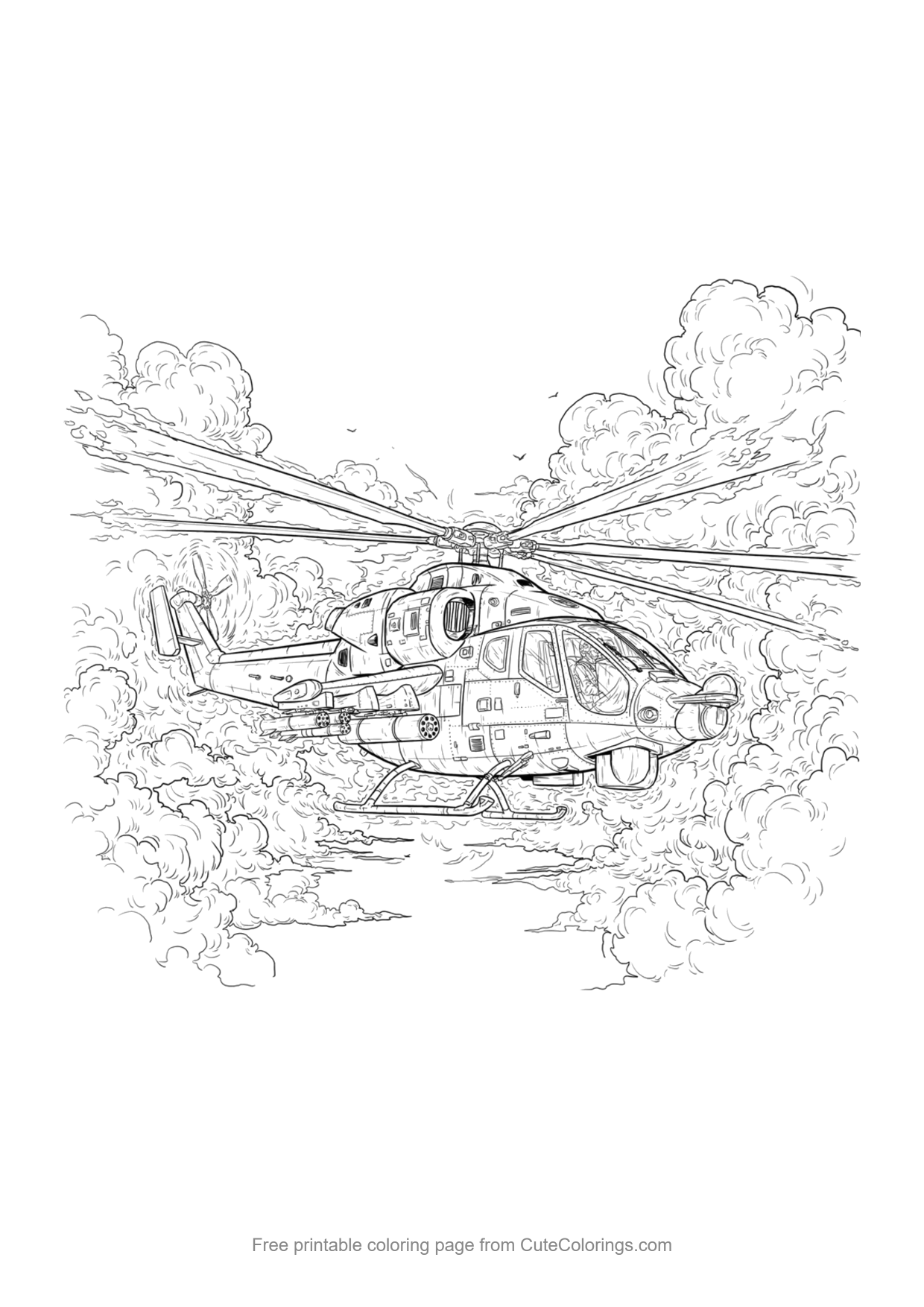 Detailed coloring page of a realistic military attack helicopter flying through clouds