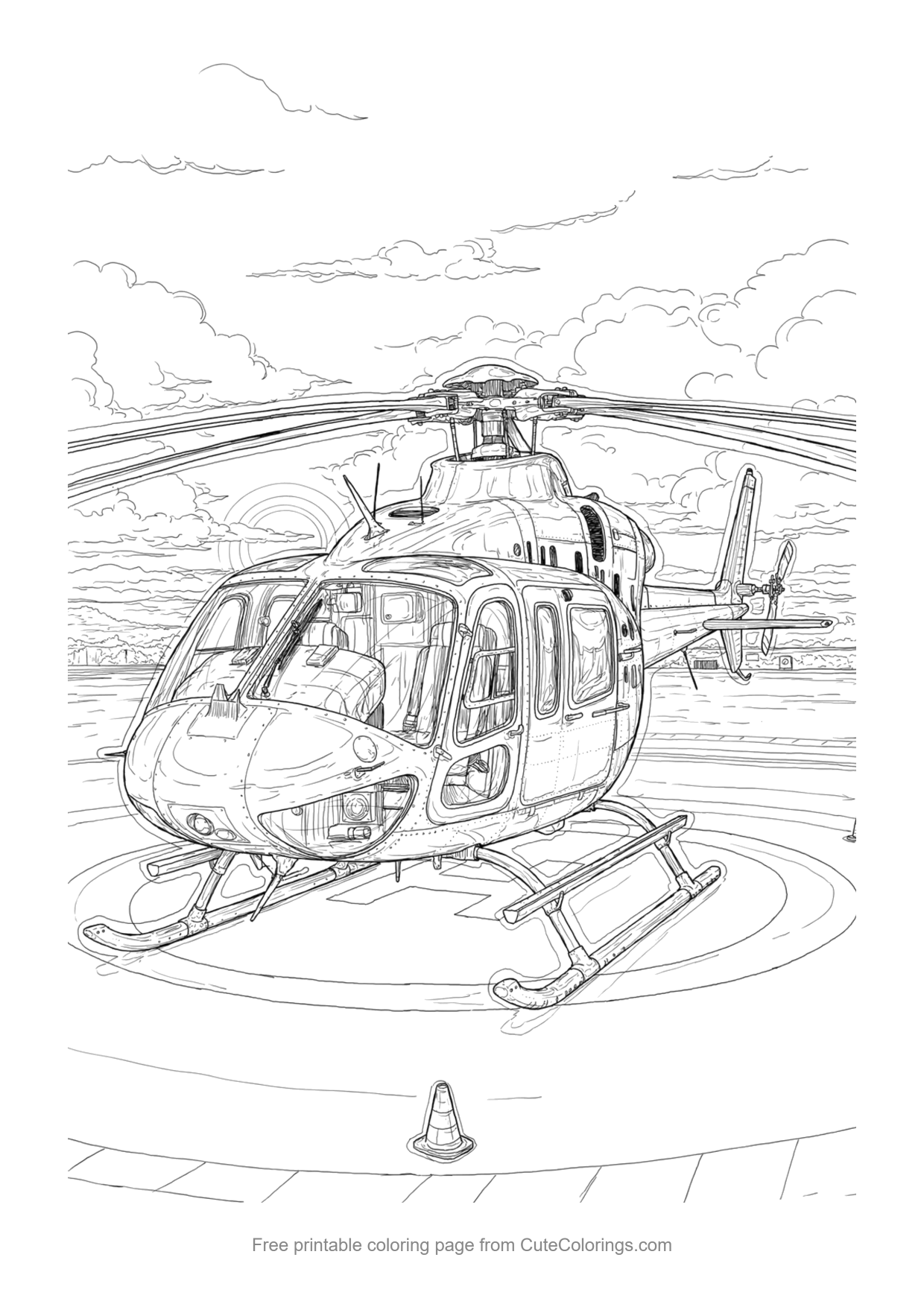 Detailed realistic coloring page of a modern helicopter parked on a helipad