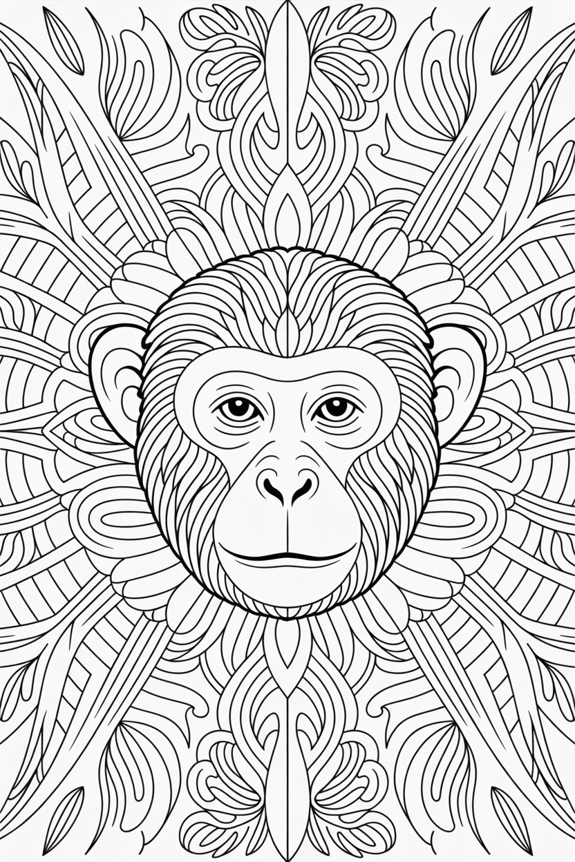 Serene chimp face centered in decorative swirling lines