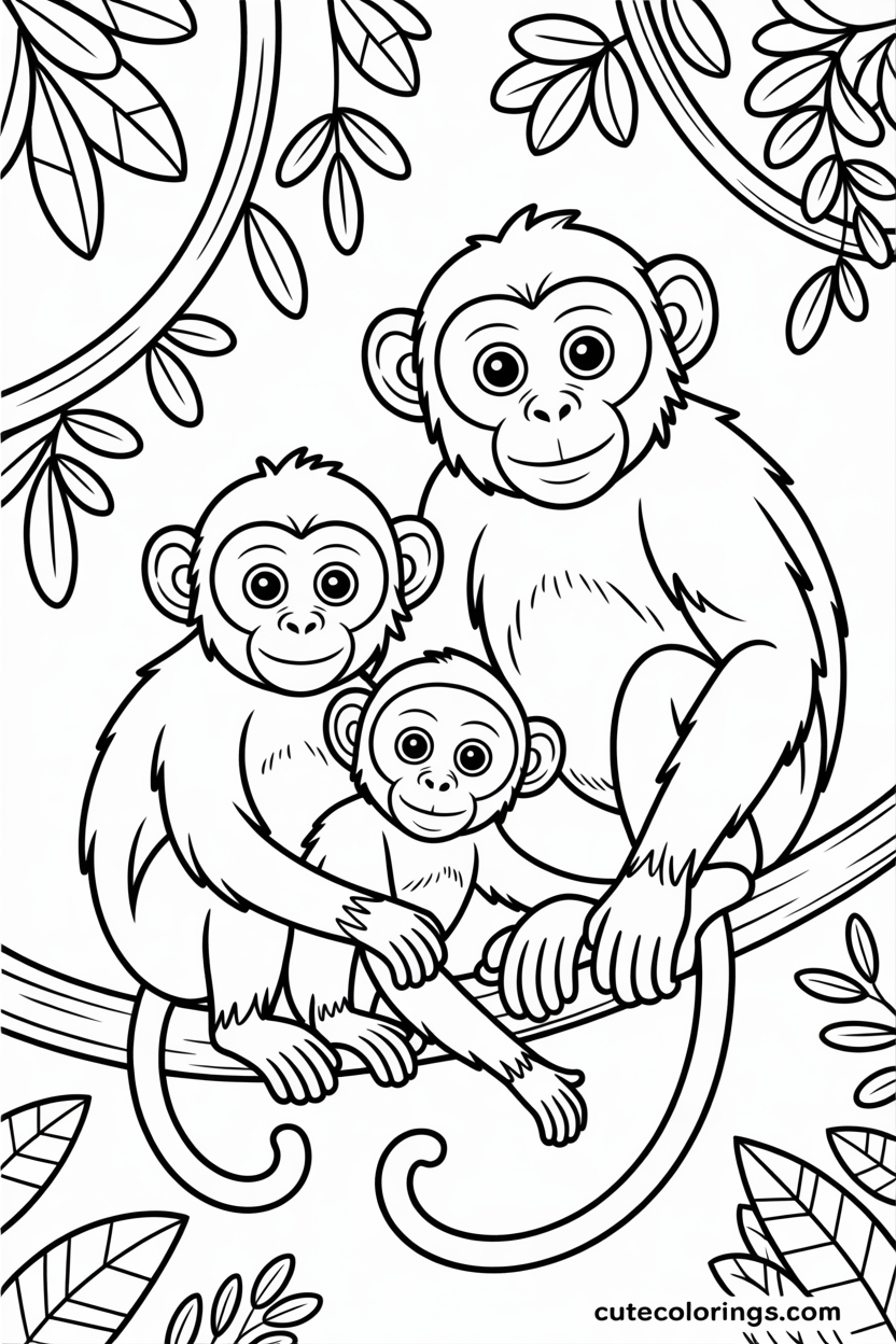 Loving monkey family snuggles on a jungle branch