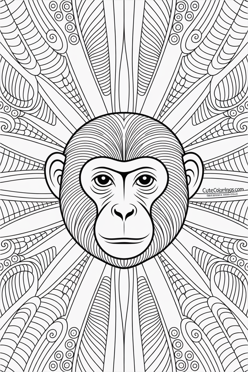Calm monkey face surrounded by bold radiating patterns