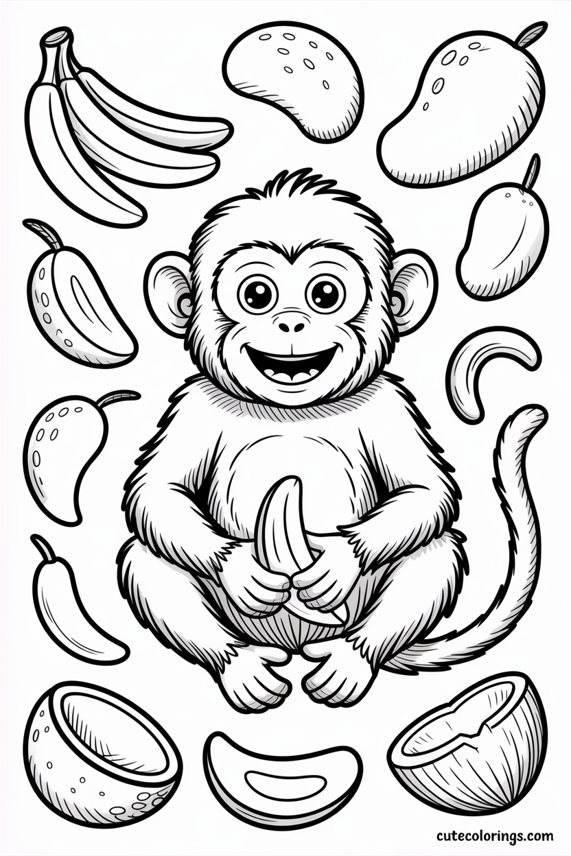 Cheerful monkey cuddles a banana among jungle fruits