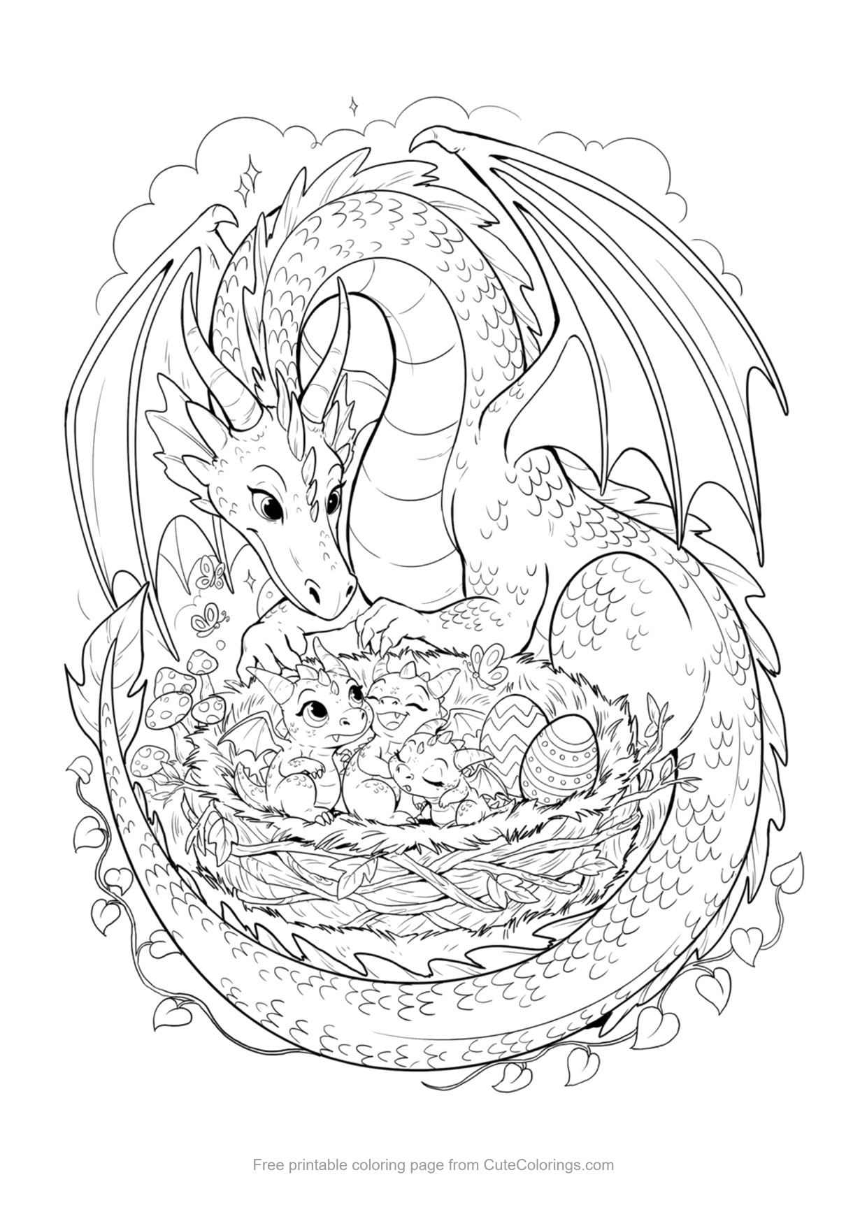 Coloring page of a mother dragon curled around a nest of baby dragons