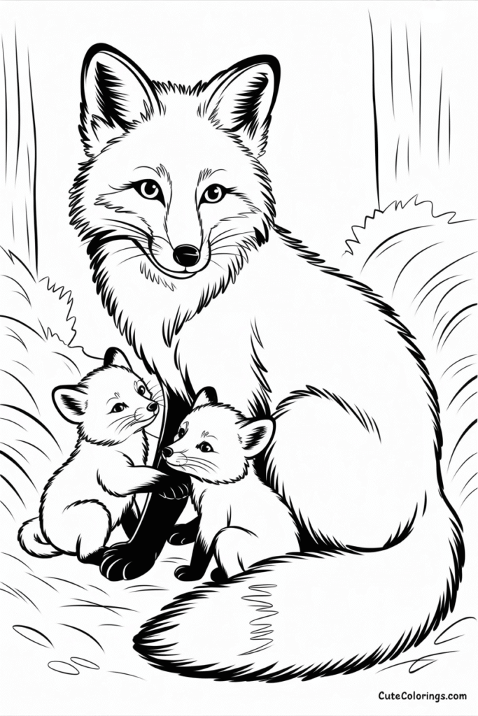 Mother Fox With Two Baby Cubs Family