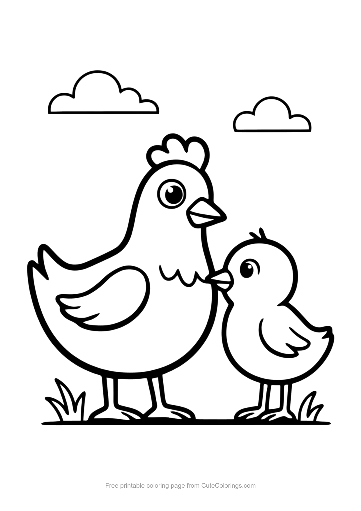 Cute coloring page of a mother hen and baby chick smiling side by side