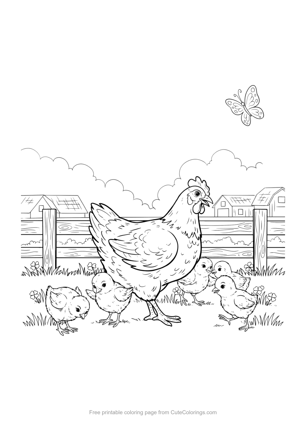 Chicken coloring page of a mother hen leading five chicks across a farmyard