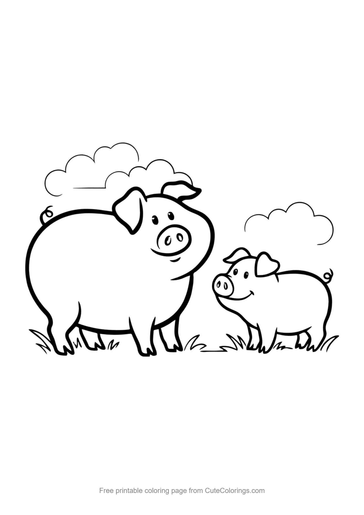Easy coloring page of a mother pig with her piglet