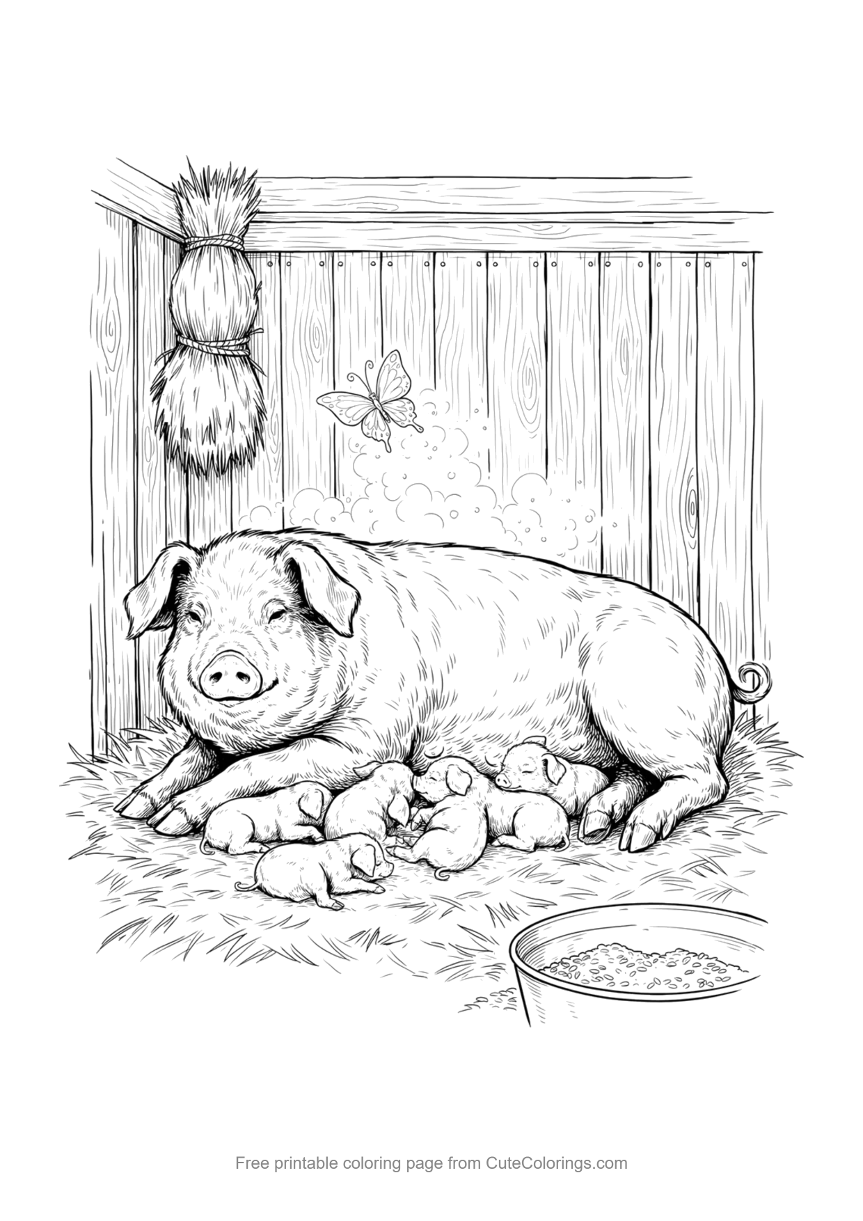 Detailed coloring page of a mother pig nursing piglets in straw