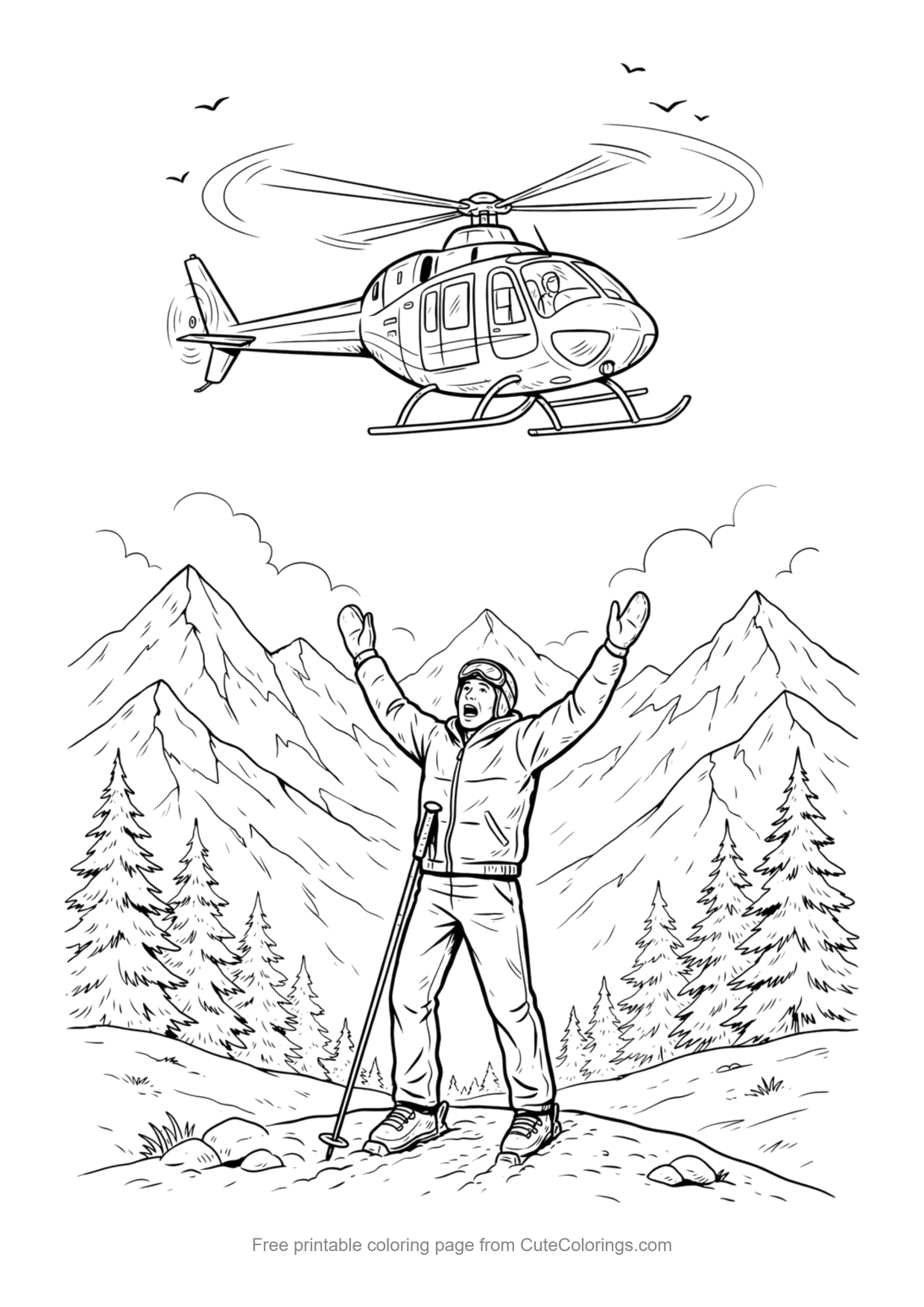 Coloring page for kids of a mountain rescue helicopter flying to a skier in snowy peaks
