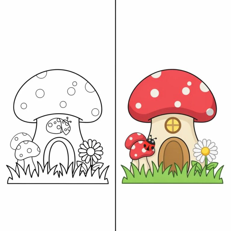 Mushroom coloring pages: a spotted toadstool house shown as line art and in color