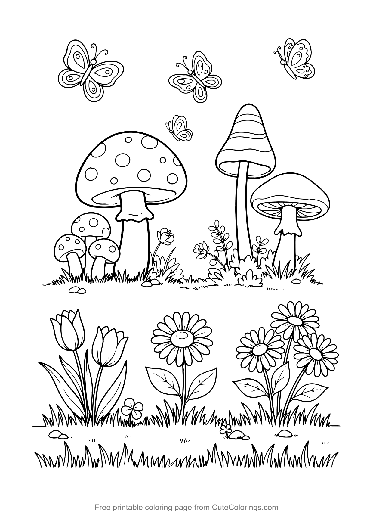Coloring page for kids of a mushroom garden with flowers and butterflies