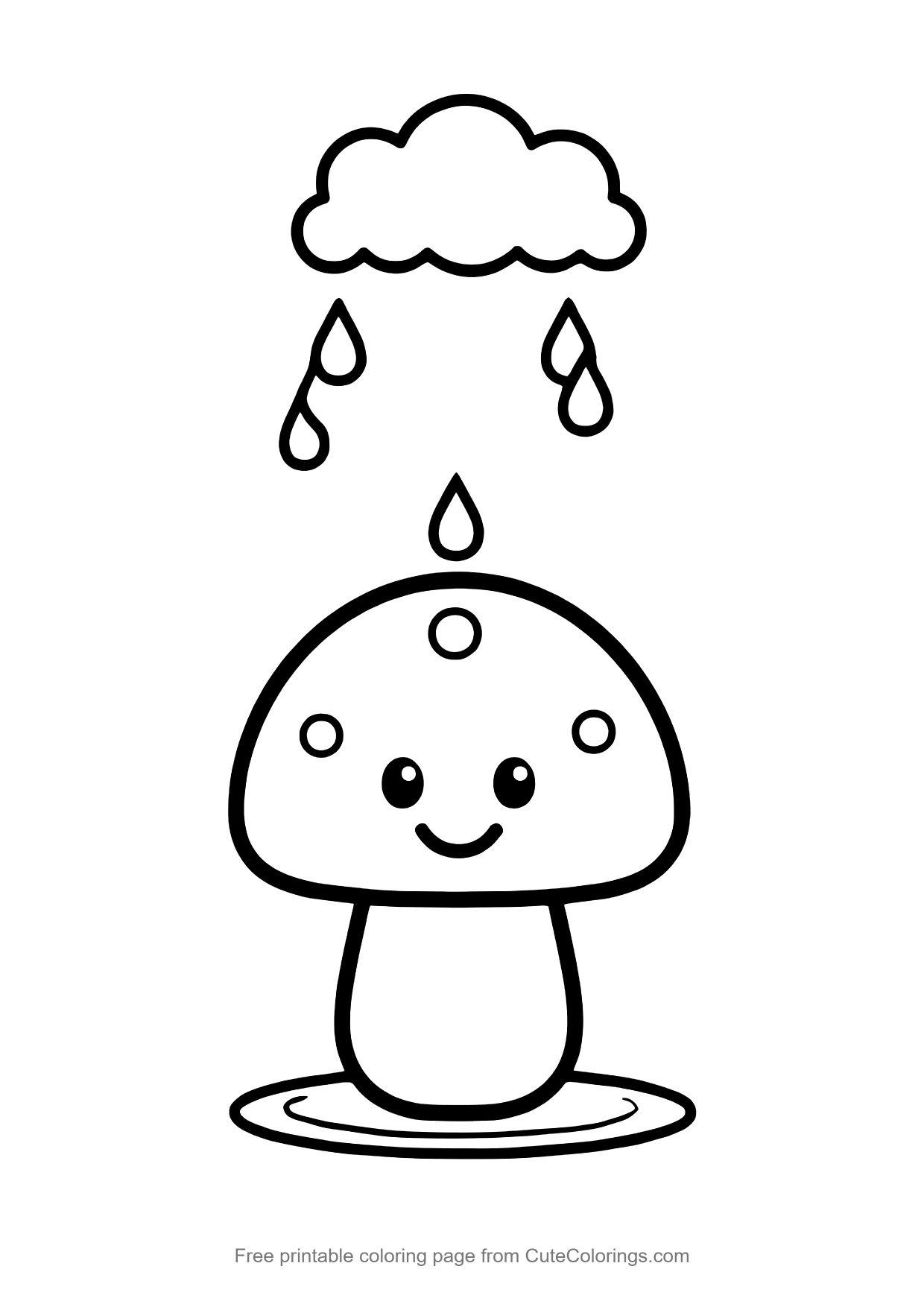 Easy coloring page of a happy mushroom standing in the rain