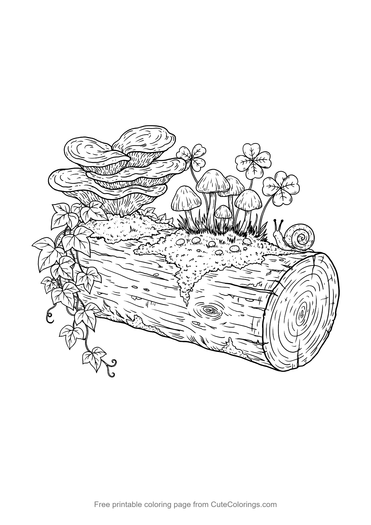 Detailed coloring page of a fallen log covered with shelf fungi and mushrooms