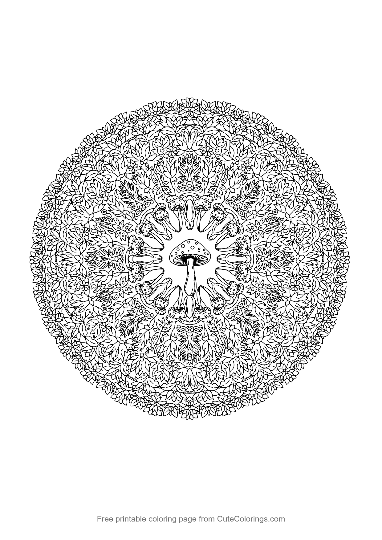 Mushroom mandala coloring page for adults with leaves and ferns in circular rings