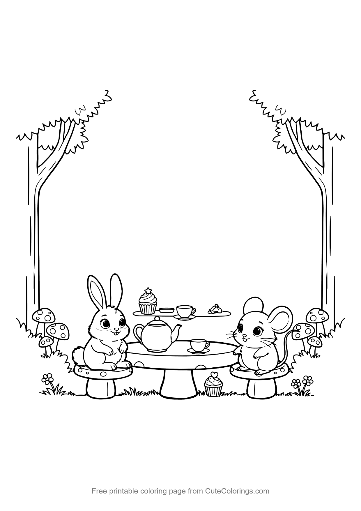 Coloring page for kids of a woodland tea party on a mushroom table with a mouse and a rabbit