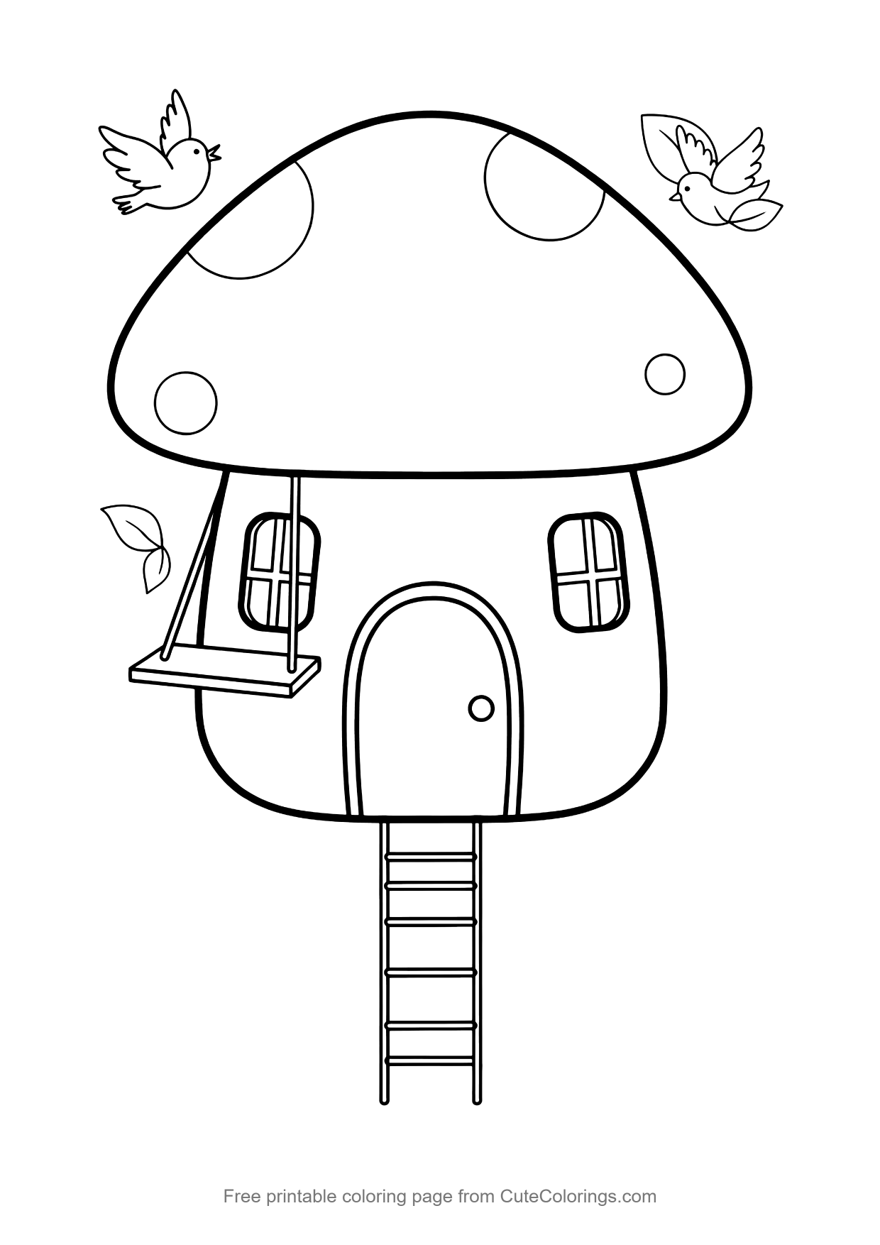Coloring page for kids of a giant mushroom treehouse with a ladder and a swing