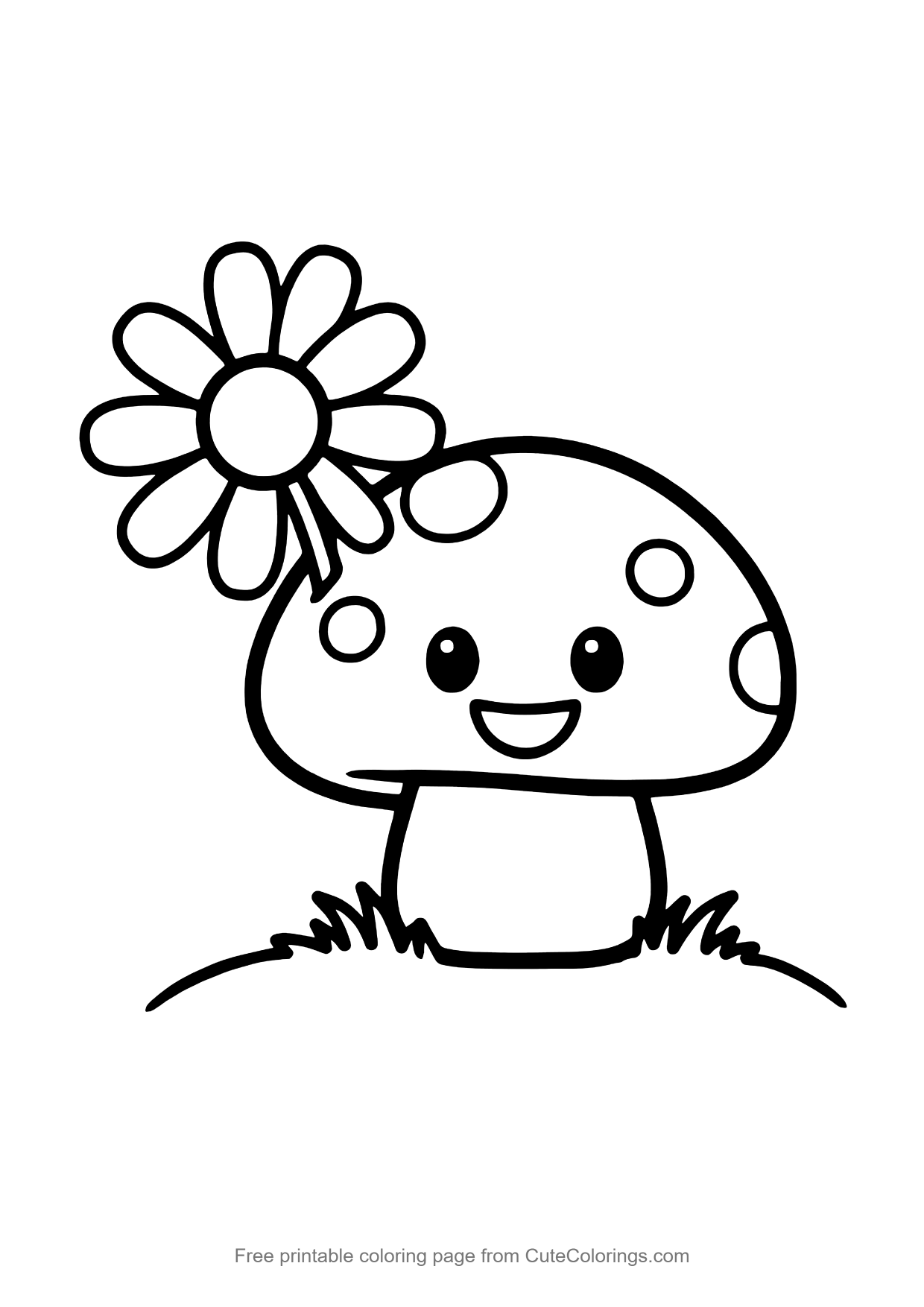 Easy coloring page of a cute mushroom holding a daisy flower
