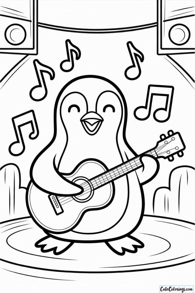 Musical Penguin Playing Acoustic Guitar