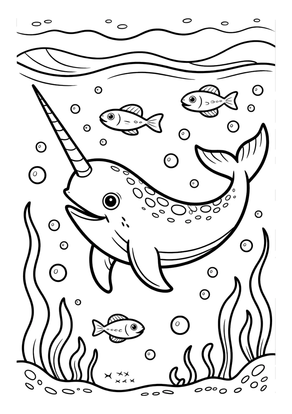 Coloring page of a narwhal swimming with fish