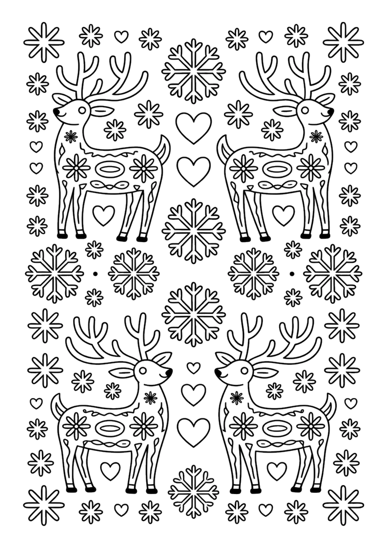Desenho detalhado com padrão folclórico nórdico, renas e flocos de neve para colorir