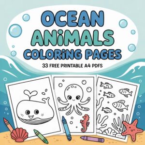 Ocean animals coloring pages: 33 free printable A4 PDFs with a smiling whale, an octopus with a seahorse and a coral reef with fish