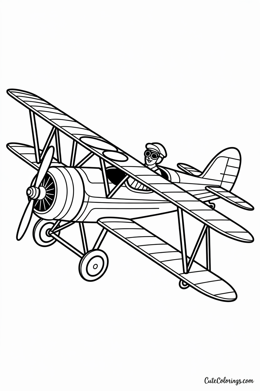 Detailed vintage airplane with two wings to color