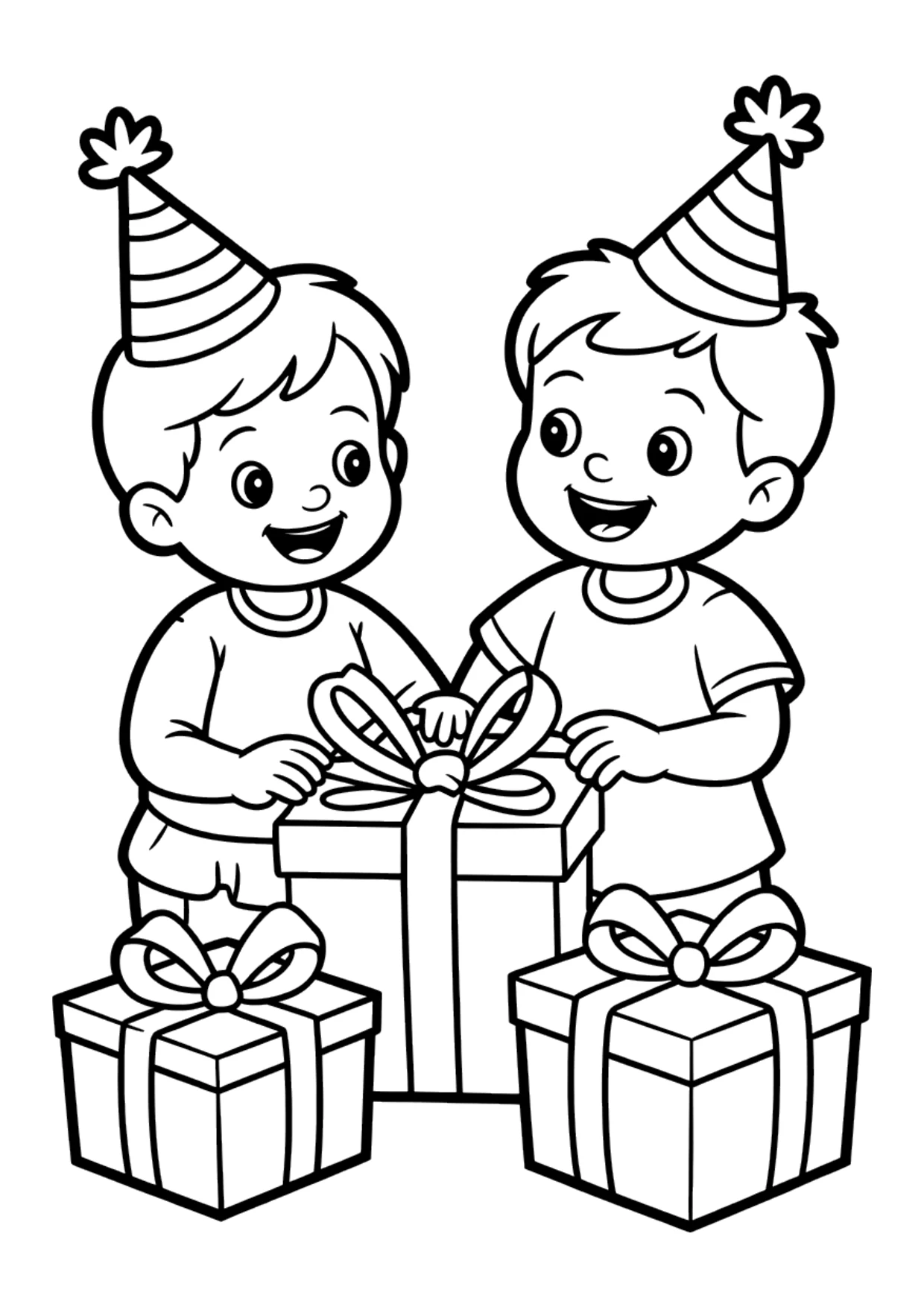 Coloring page for kids of children opening birthday presents