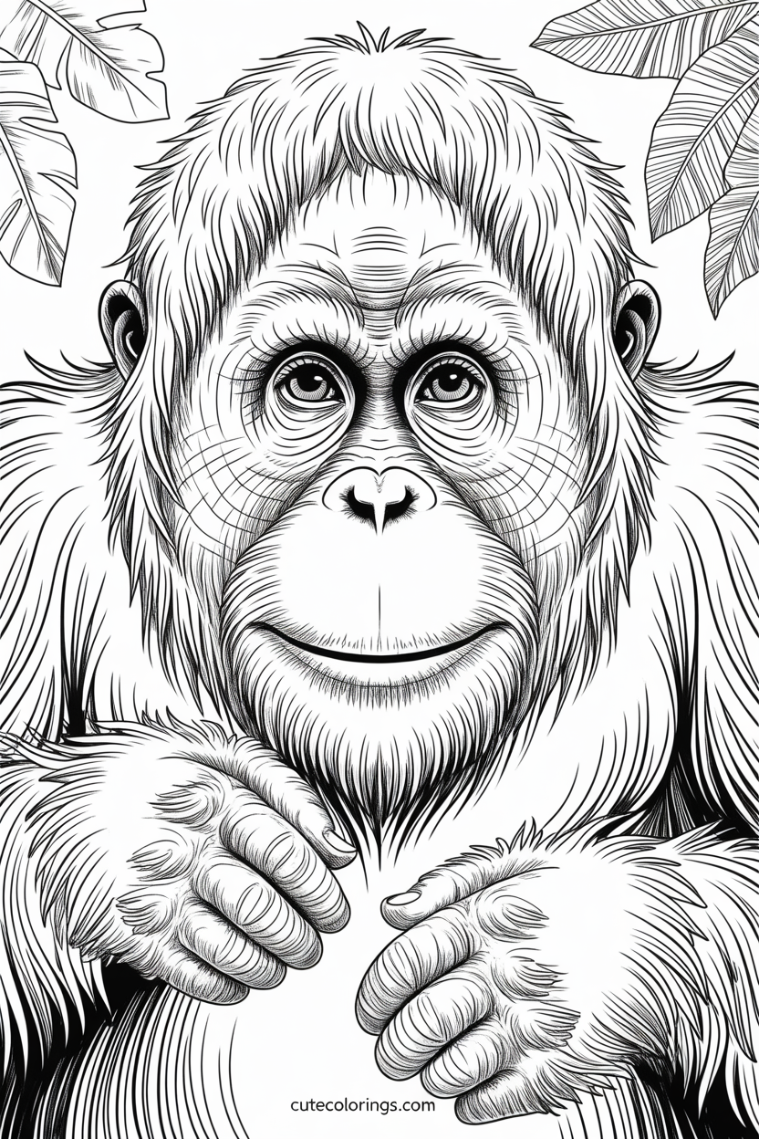 A gentle orangutan gazes forward with clasped furry hands